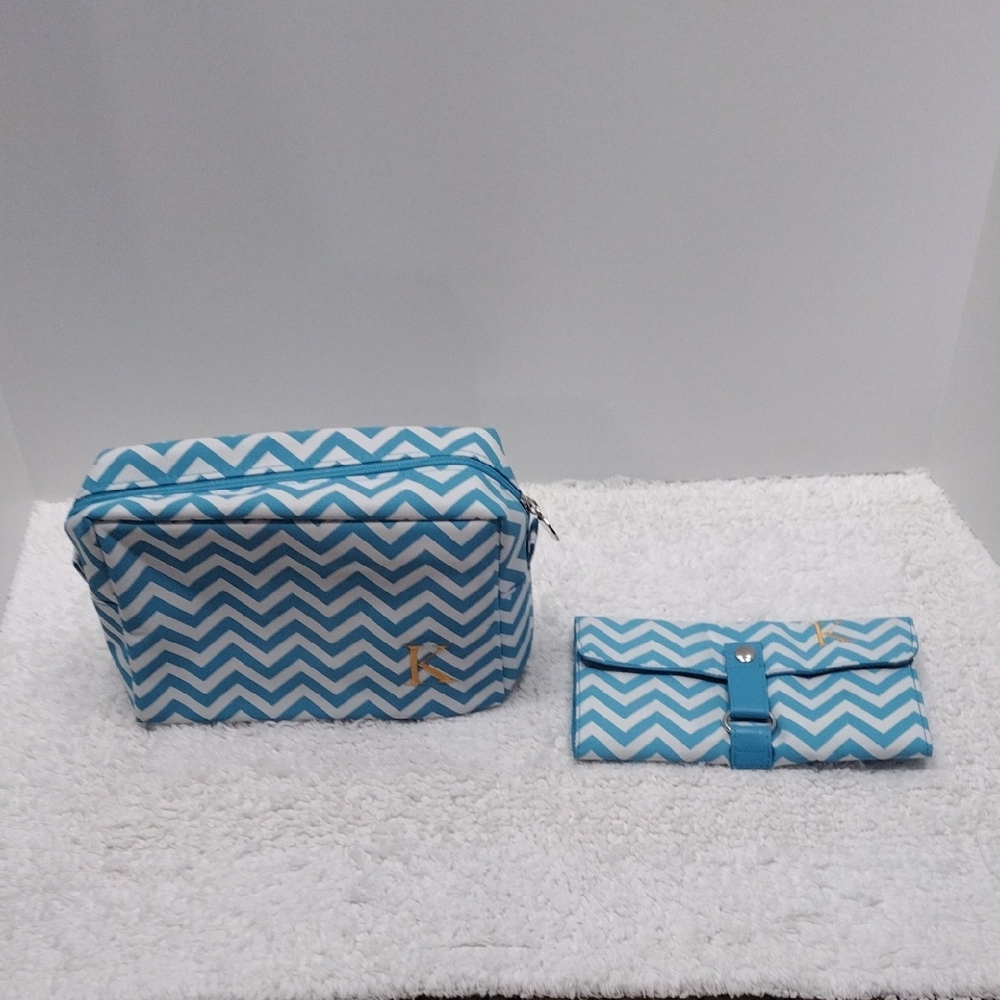 Aqua Chevron Makeup Roll and Cosmetic Bag Bundle of 2